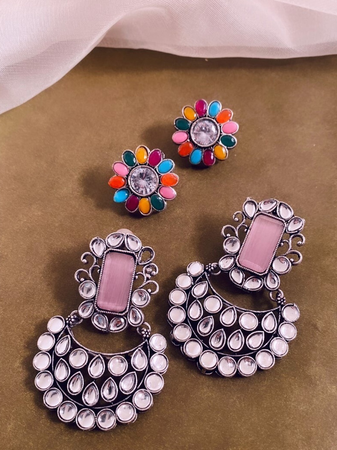 

ATIBELLE Set of 2 Silver Plated Kundan studded Chandbalis Contemporary Drop Earrings, White