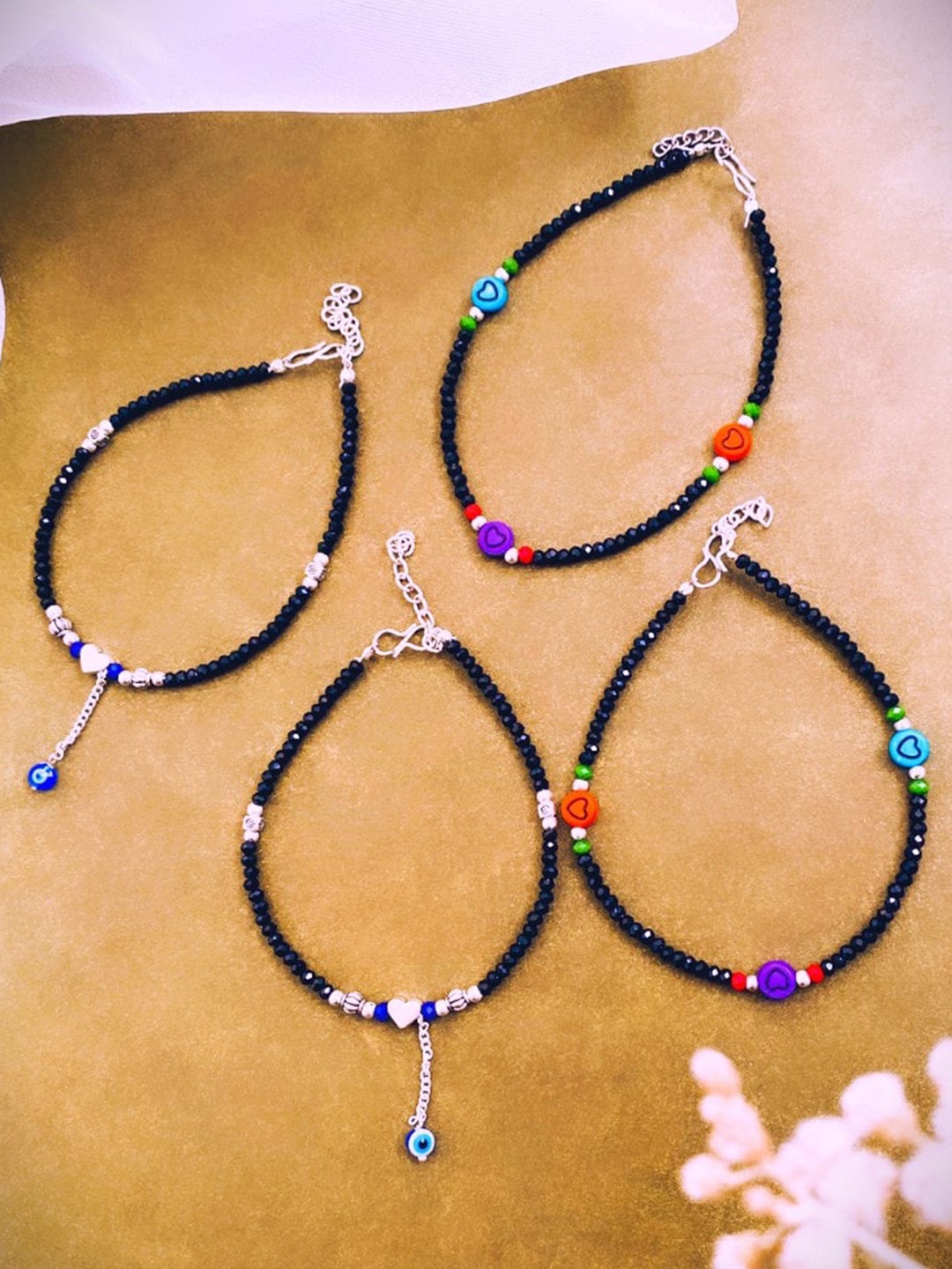 

ATIBELLE Set Of 4 Silver-Plated Stone Studded & Beaded Anklets