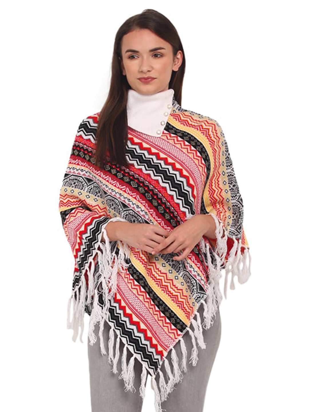 

eWools Geometric Printed High Neck Woollen Poncho, Red