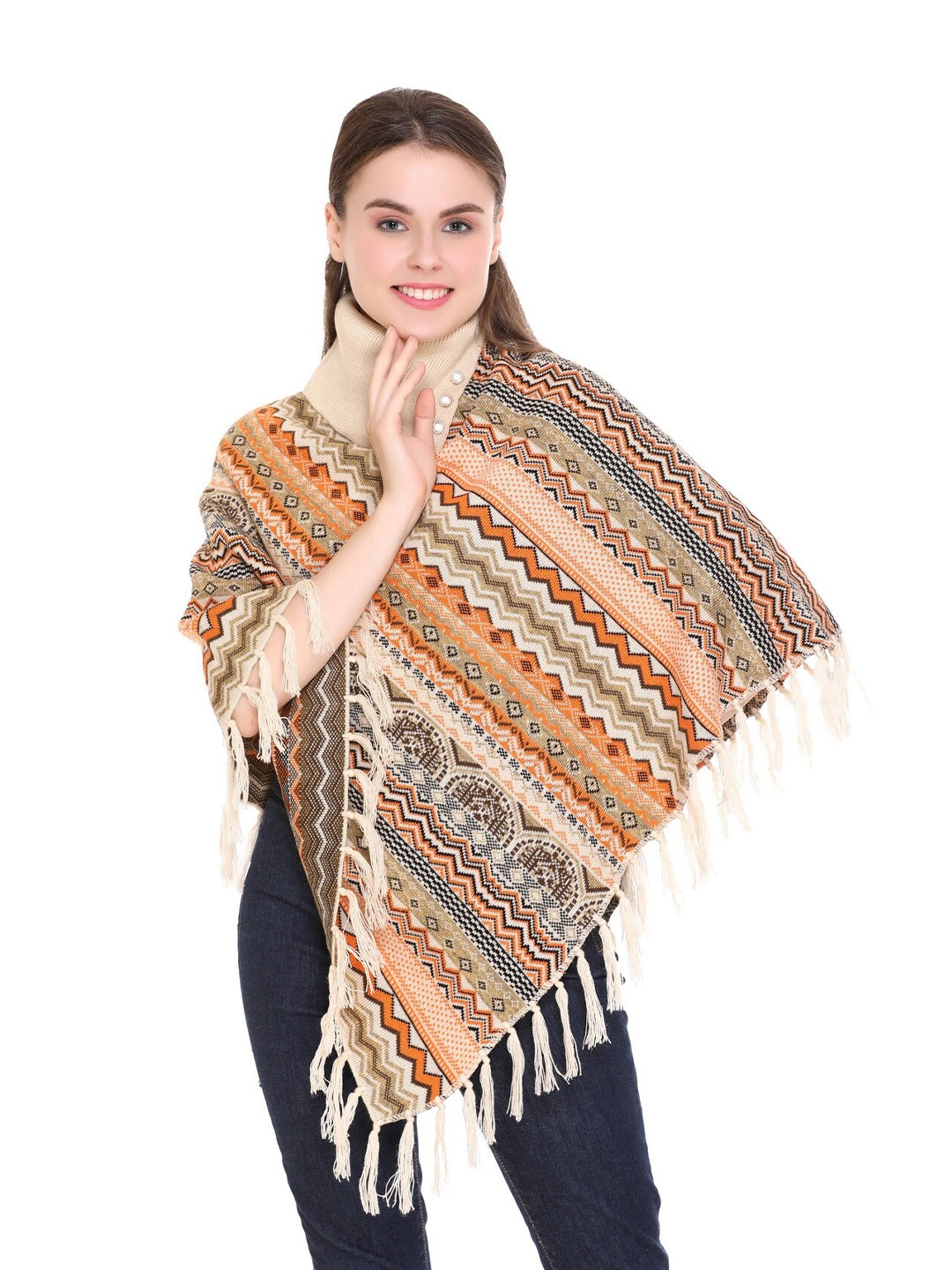

eWools Geometric Printed High Neck Woollen Poncho, Cream