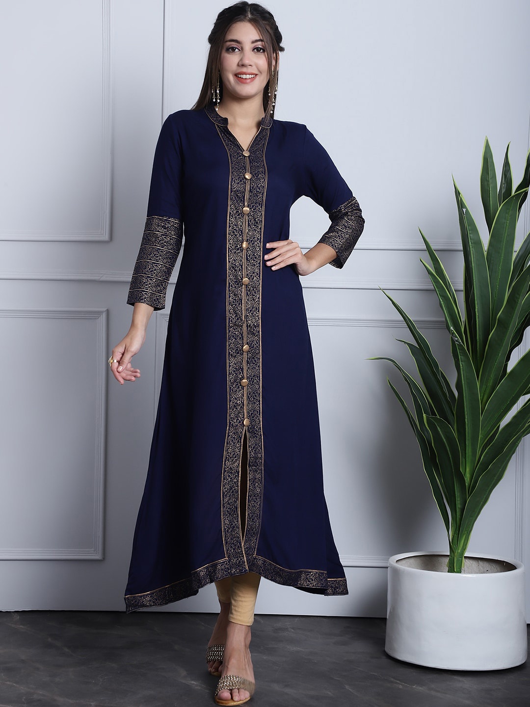 

Grancy Mandarin Collar Cotton A-Line Kurta, Blue