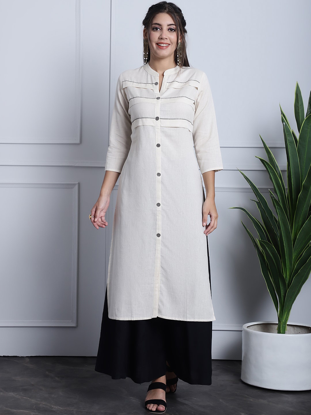 Grancy Mandarin Collar Cotton Straight Kurta, Off white