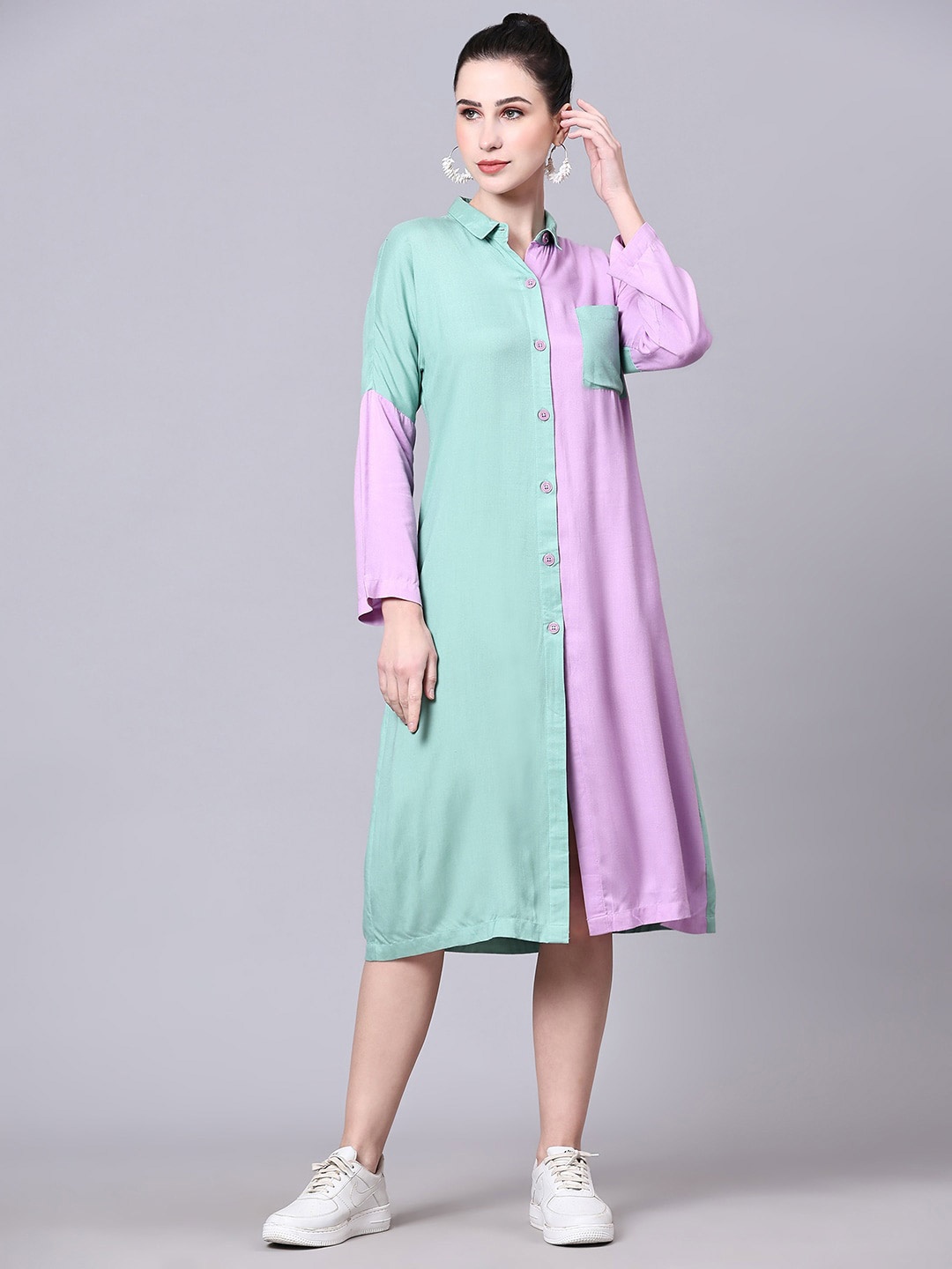 

Pomegal Colourblocked Shirt Midi Dress, Purple