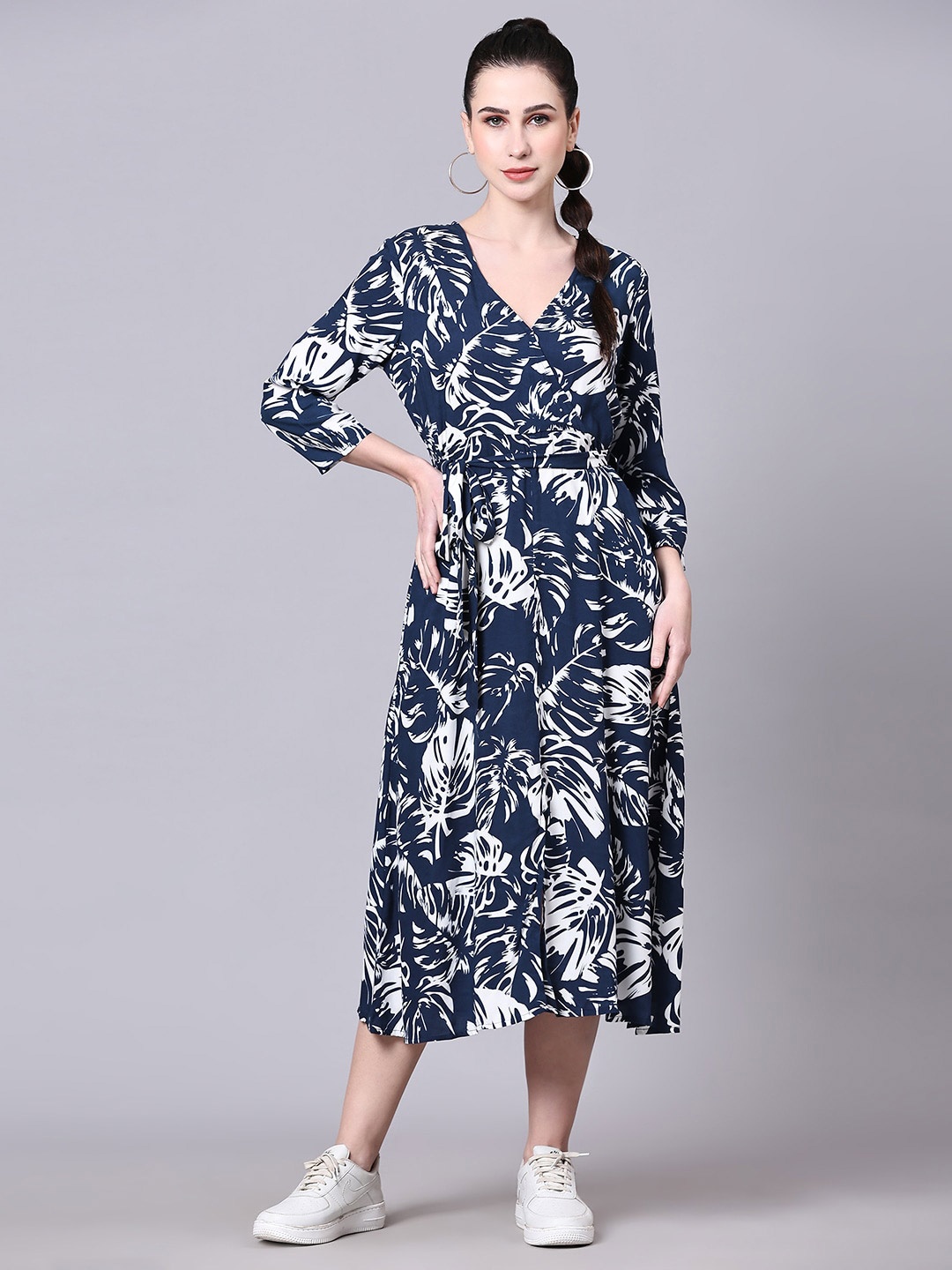 

Pomegal Tropical Printed V-Neck Wrap Midi Dress, Blue