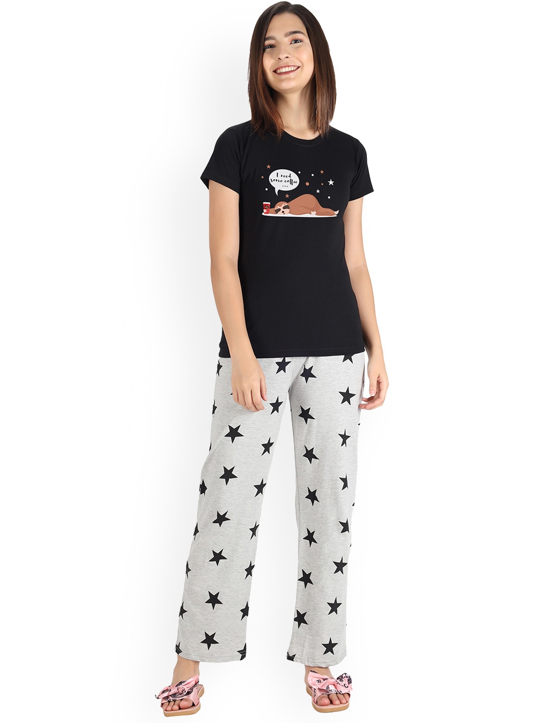 

FFLIRTYGO Graphic Printed Cotton Night suit, Black