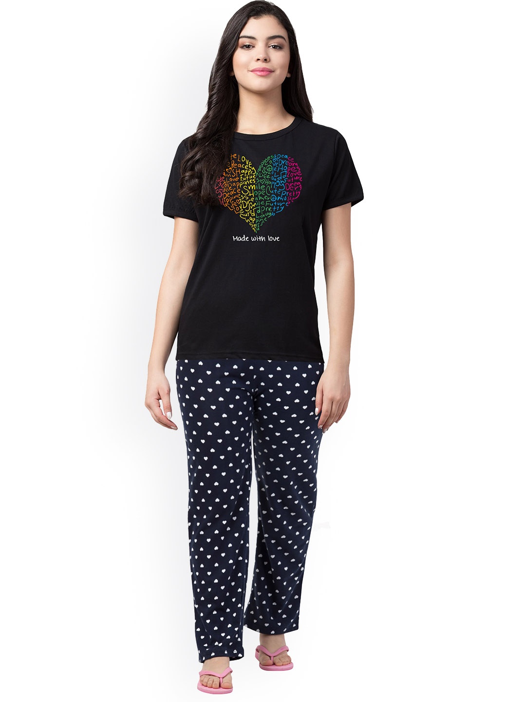 

FFLIRTYGO Typograohy Print Round Neck Night Suit, Black