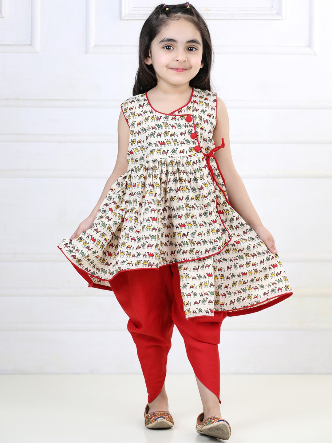 

Here&Now X Kinder Kids Girls Ethnic Motif Printed Angrakha Pure Cotton Kurti With Dhoti Pants, Red