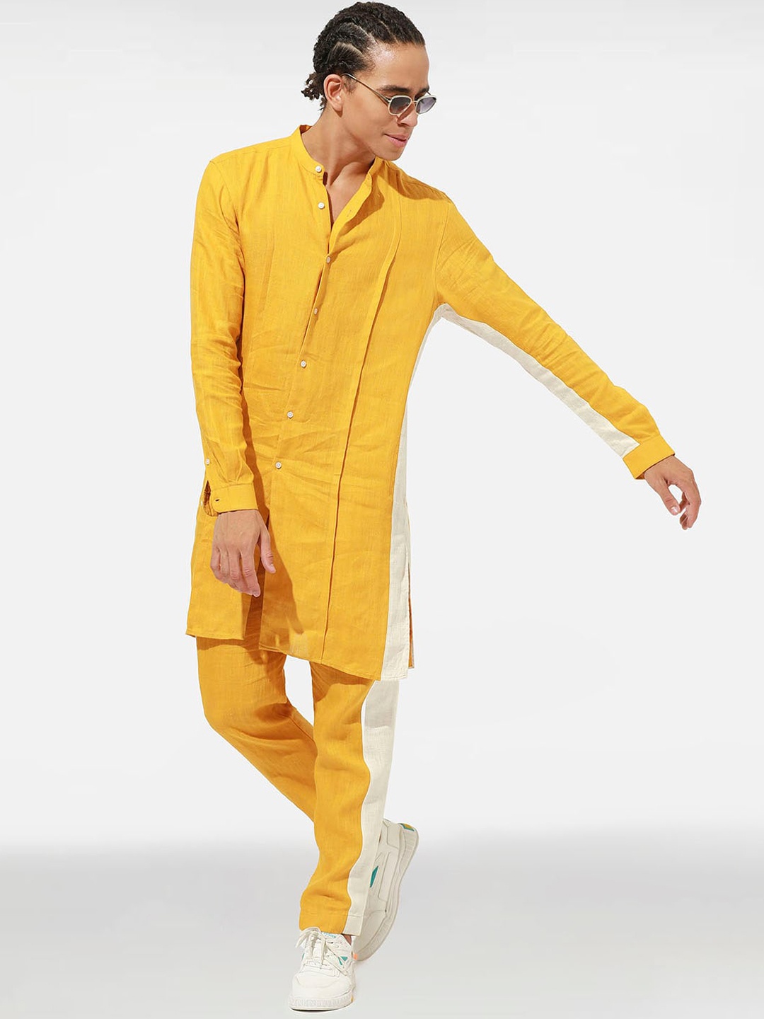 Komal Kothari Mandarin Collar Linen Kurta with Trousers, Yellow