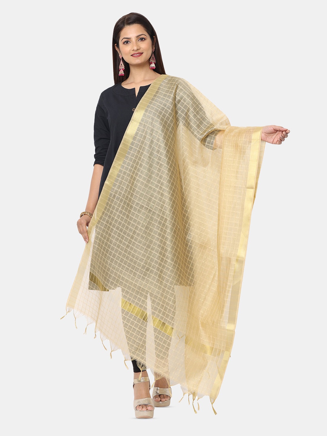 

HELLA FASHIONS Checked Silk Dupatta, Gold