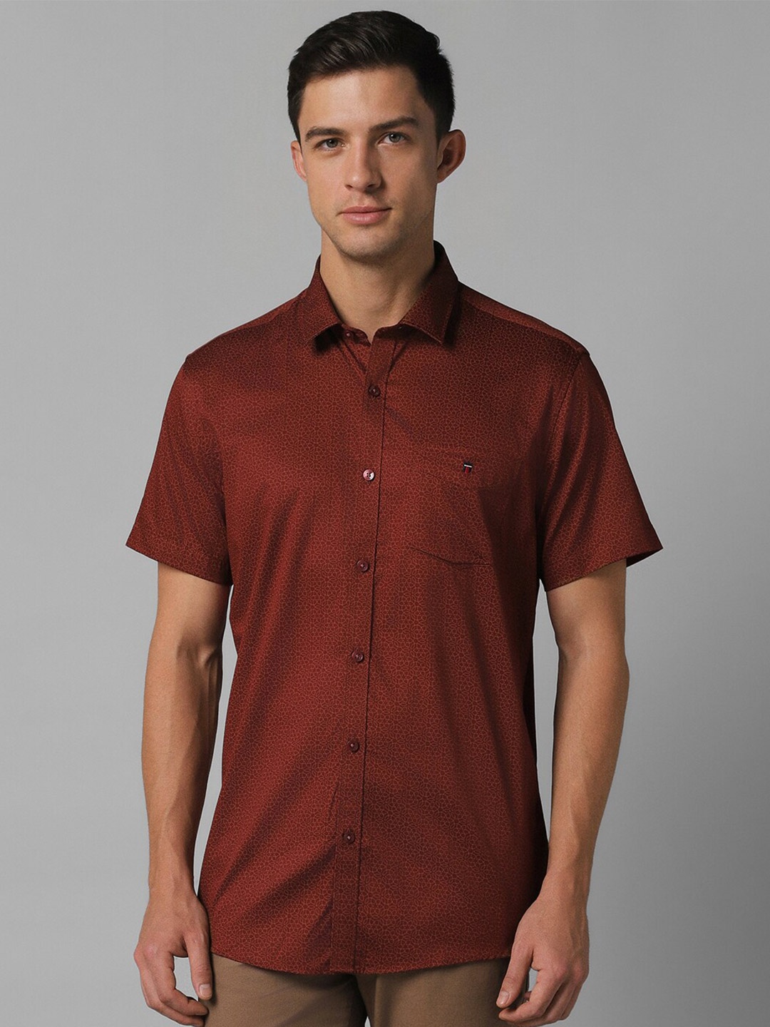 

Louis Philippe Sport Slim Fit Ethnic Motifs Printed Spread Collar Cotton Casual Shirt, Maroon