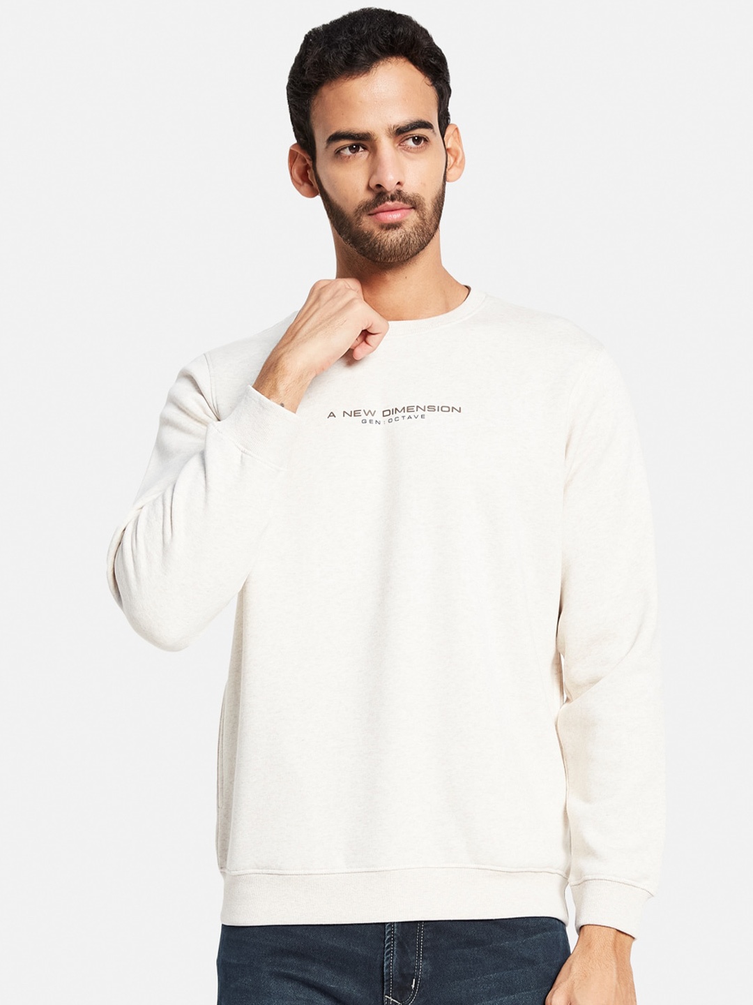 

Octave Typography Printed Round Neck Pullover Sweatshirt, Cream