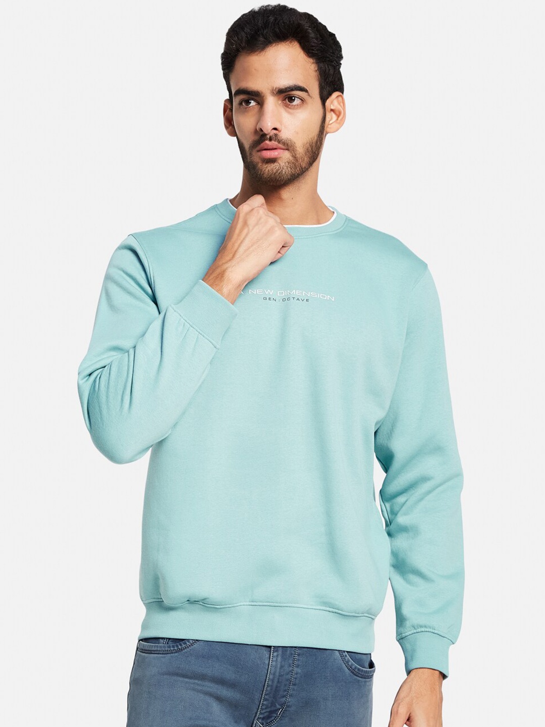 

Octave Typography Printed Round Neck Fleece Pullover, Blue