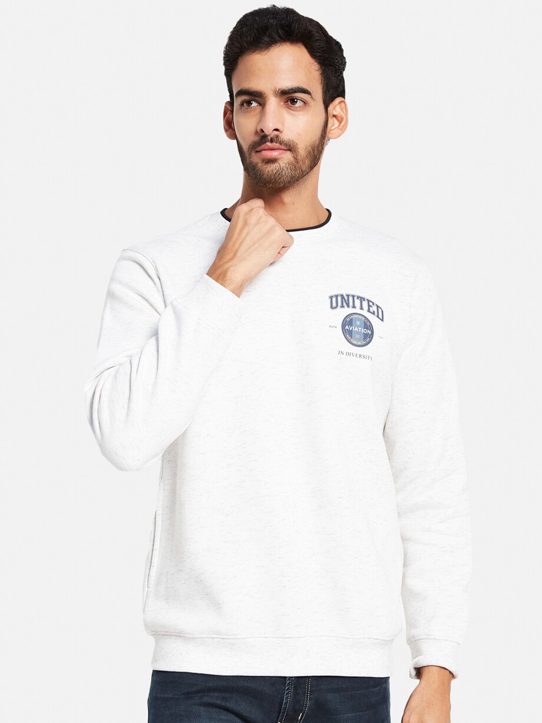 

Octave Typography Printed Round Neck Pullover Sweatshirt, White