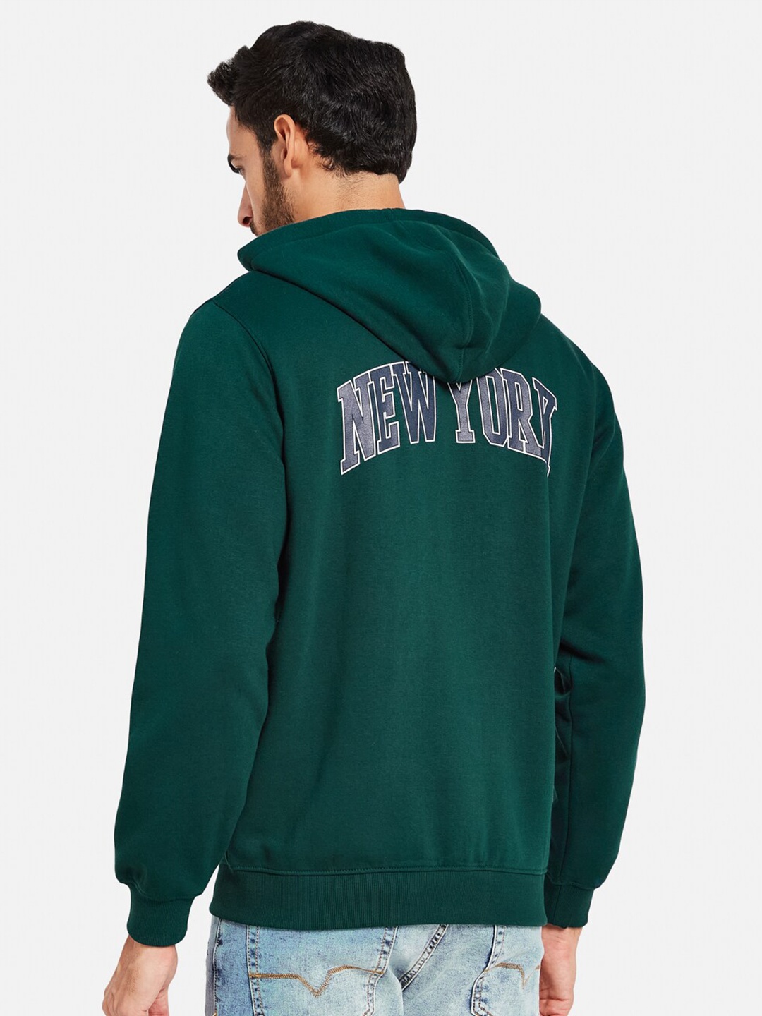 

Octave Typography Printed Hooded Fleece Front-Open Sweatshirt, Green