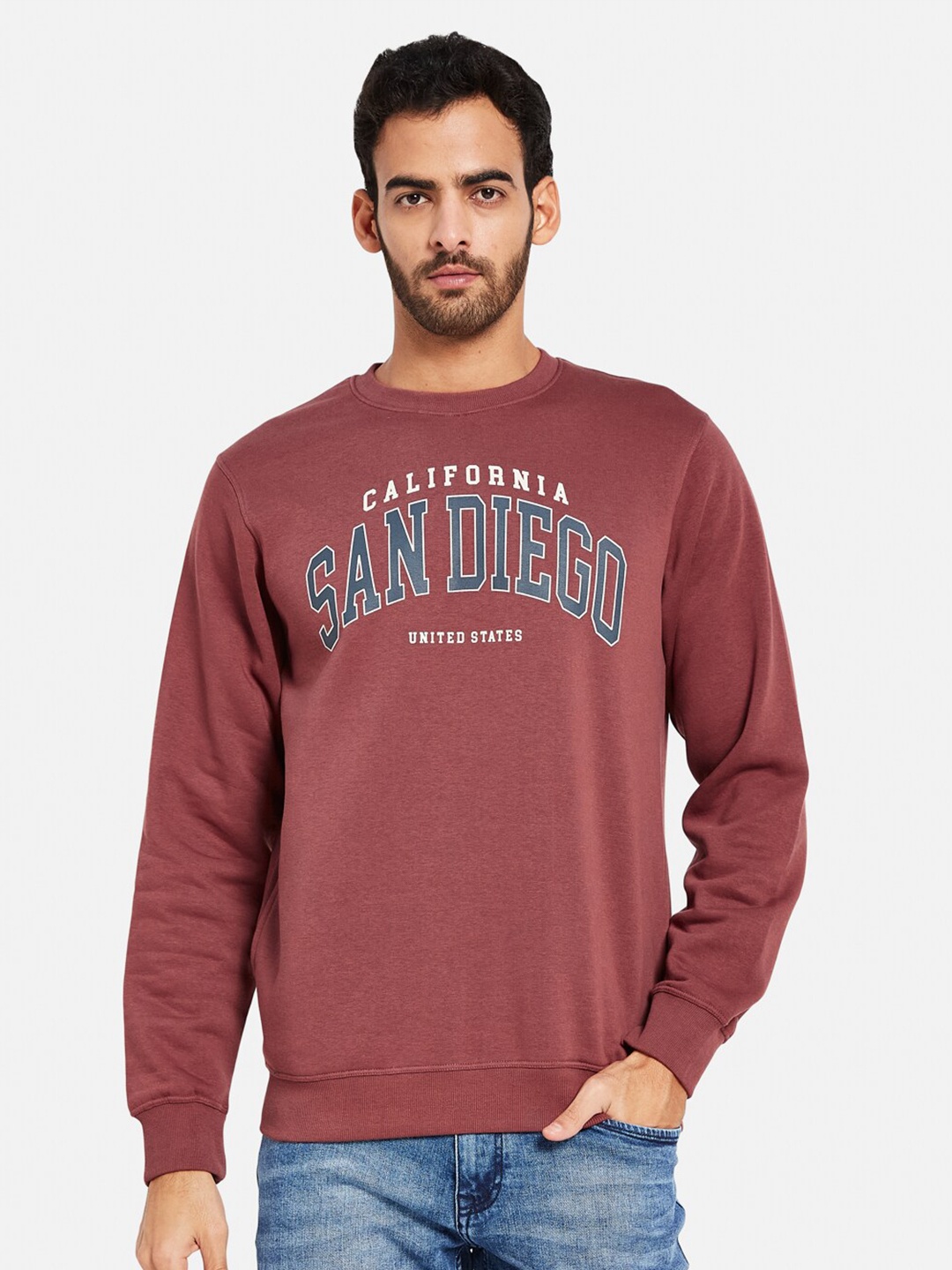 

Octave Typography Printed Round Neck Fleece Pullover, Maroon