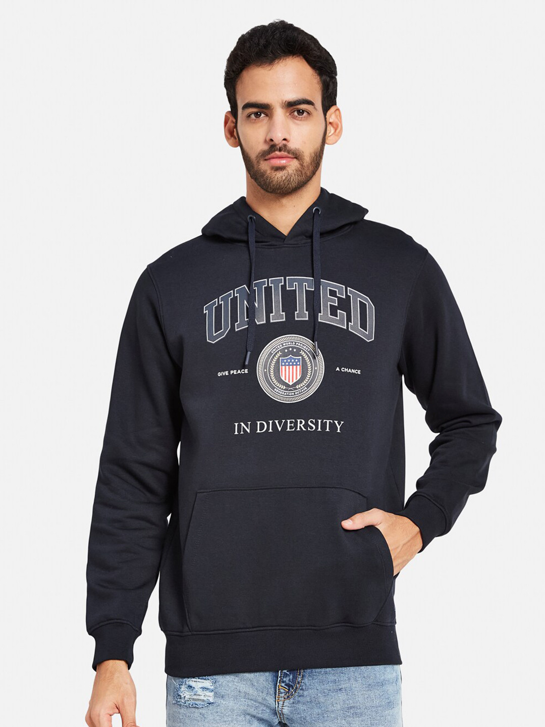 

Octave Typography Printed Hooded Pullover, Navy blue