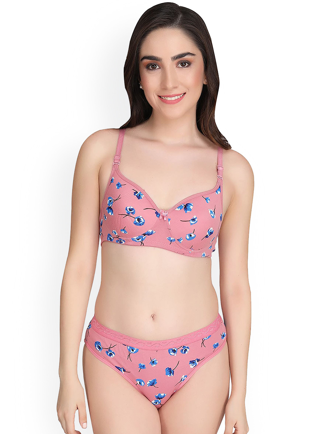 

AROUSY Floral Printed Cotton Lingerie Set, Pink