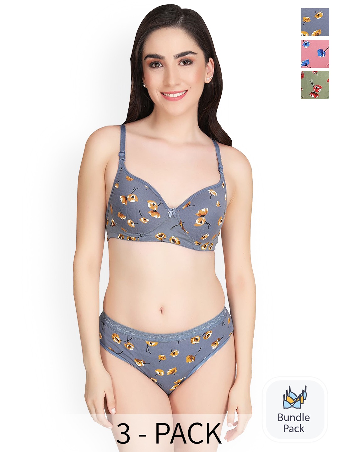 

AROUSY Pack of 3 Cotton Lingerie Set M-Kali Set_Green,Grey,Pink_30