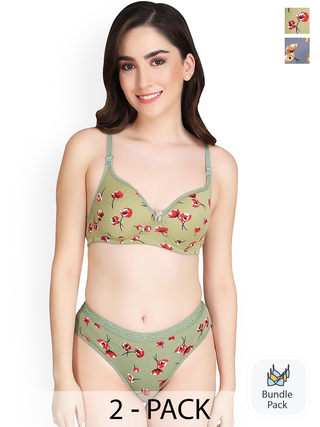 

AROUSY Pack of 2 Floral Printed Cotton Lingerie Set M-Kali Set_Grey,Green_30