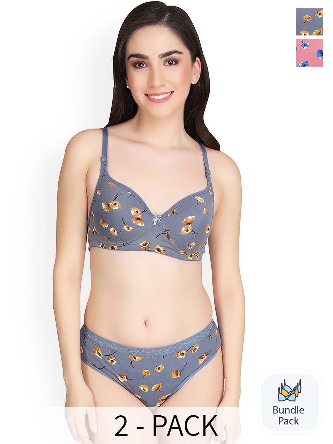 

PIBU Pack Of 2 Floral Printed Comfortable Cotton Lingerie Set, Grey