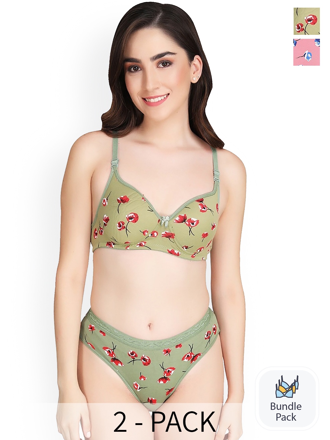 

PIBU Pack Of 2 Floral Printed Comfortable Cotton Lingerie Set, Sea green