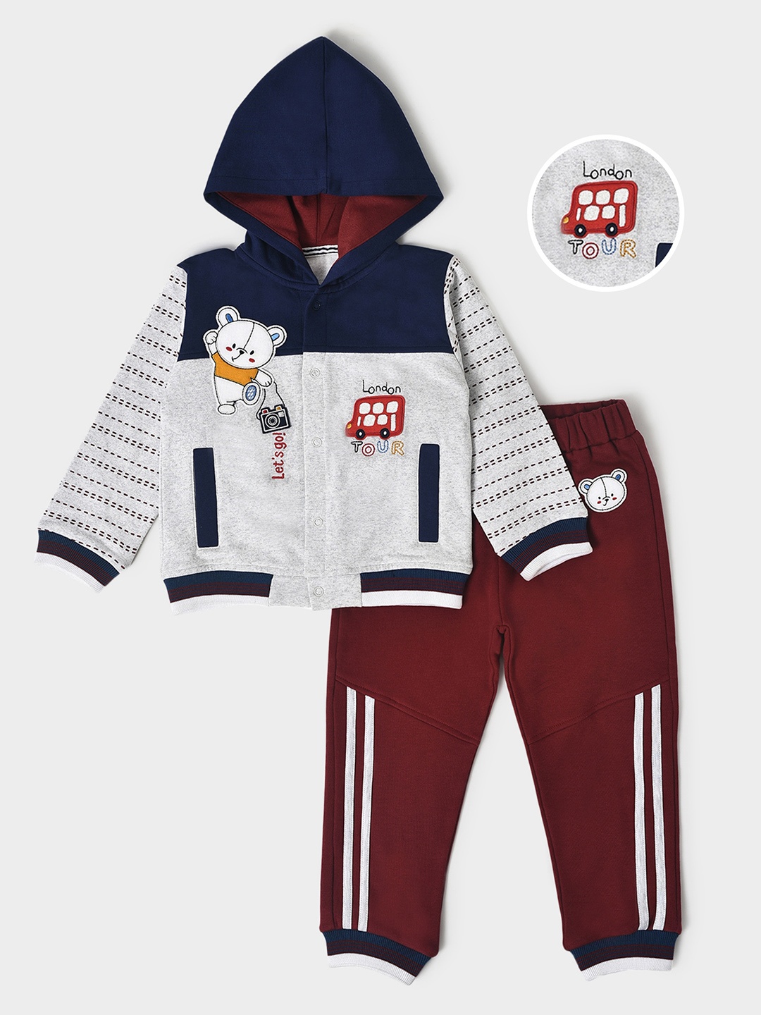 

MiArcus Kids Colorblock Printed Hooded Neck Pure Cotton Clothing Set, Navy blue