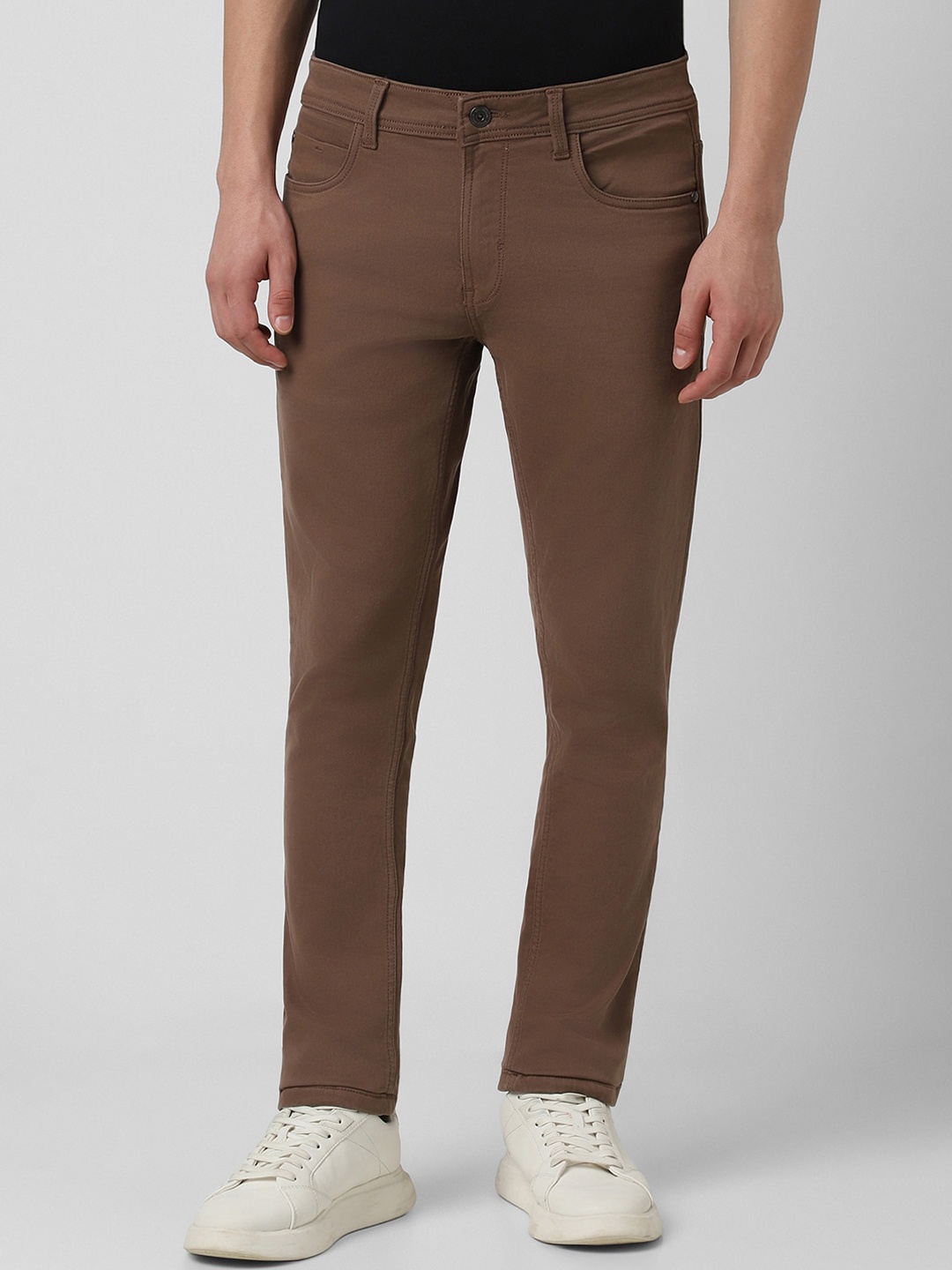 Peter England Men Clean Look Tapered Slim Fit Stretchable Jeans, Brown