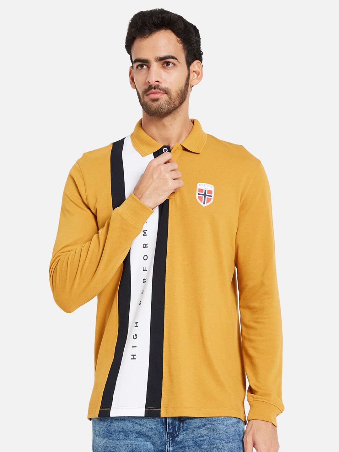 

METTLE Typography Printed Cotton Polo Collar T-shirt, Yellow