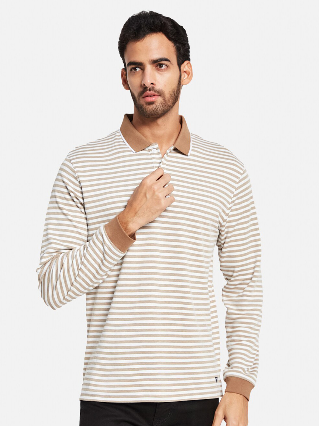 

METTLE Striped Cotton Polo Collar T-shirt, Brown