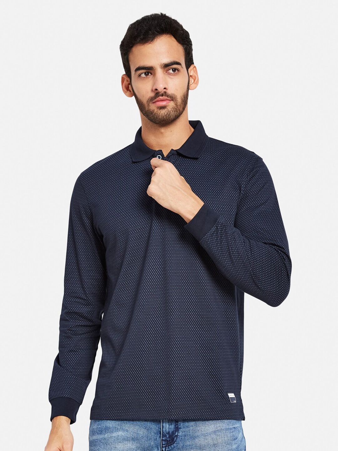 

METTLE Geometric Printed Polo Collar Cotton T-shirt, Navy blue