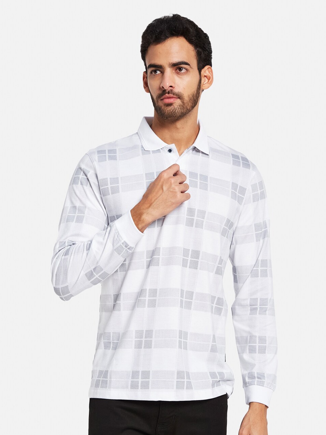 

METTLE Checked Polo Collar Cotton T-shirt, White