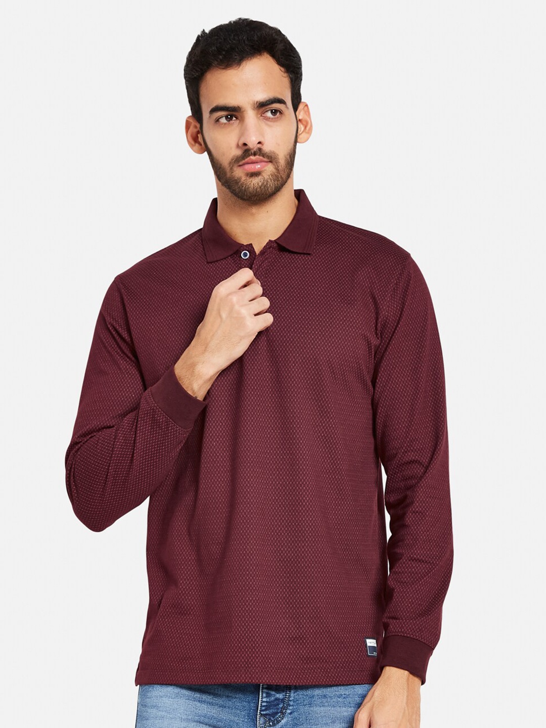 

METTLE Geometric Printed Polo Collar Cotton T-shirt, Maroon