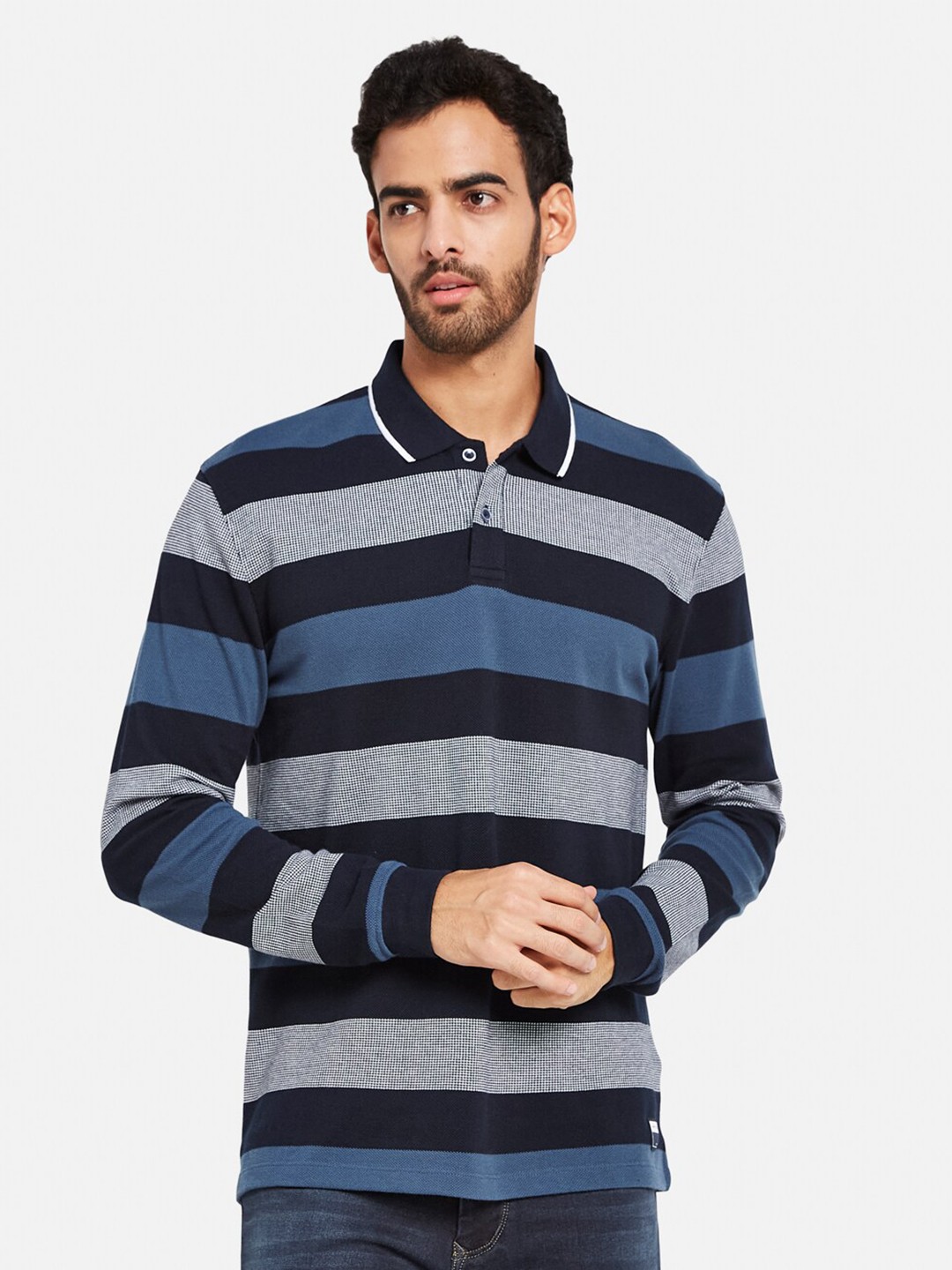 

METTLE Striped Polo Collar Cotton T-shirt, Navy blue
