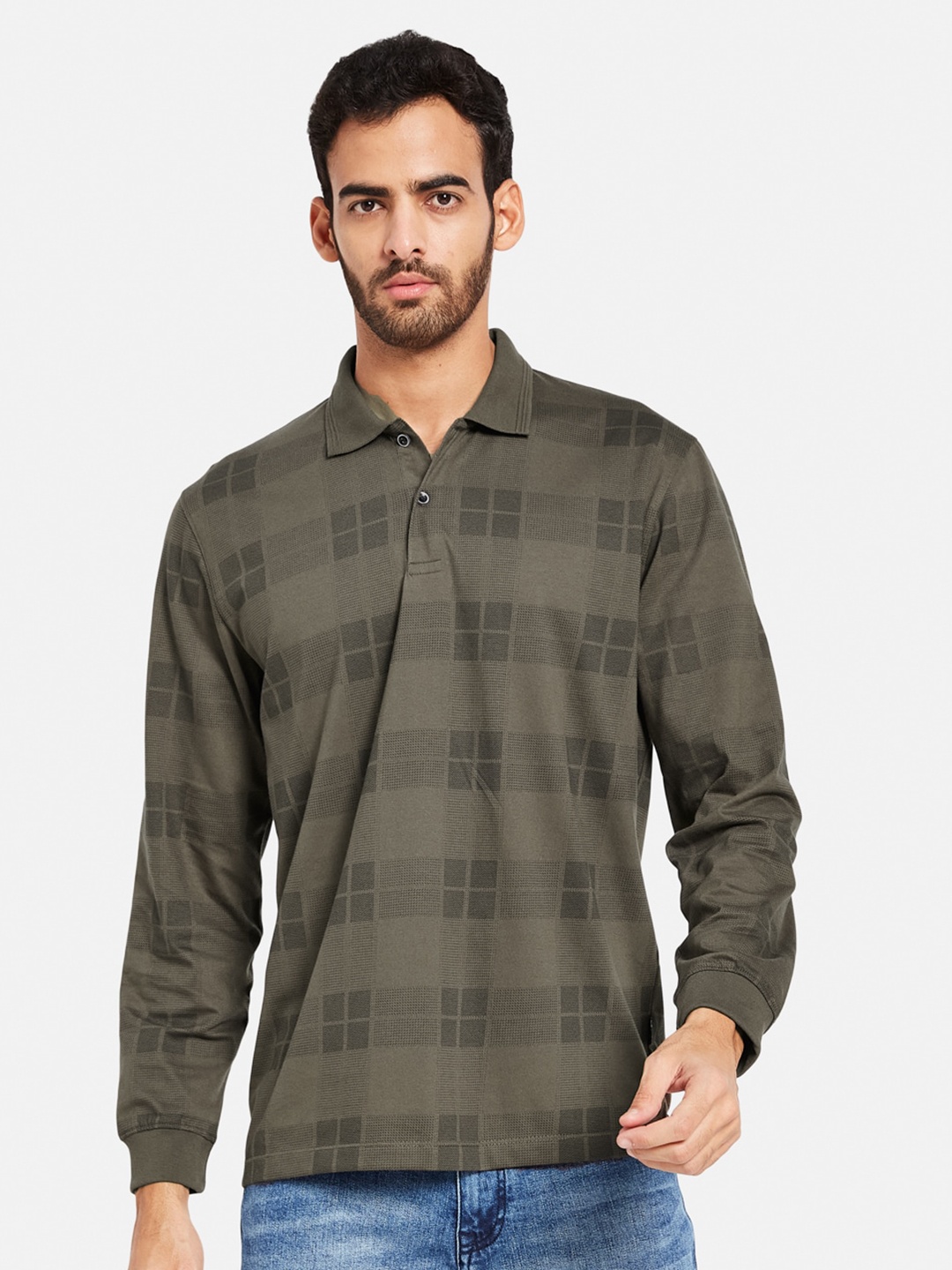 

METTLE Checked Polo Collar Cotton T-shirt, Olive