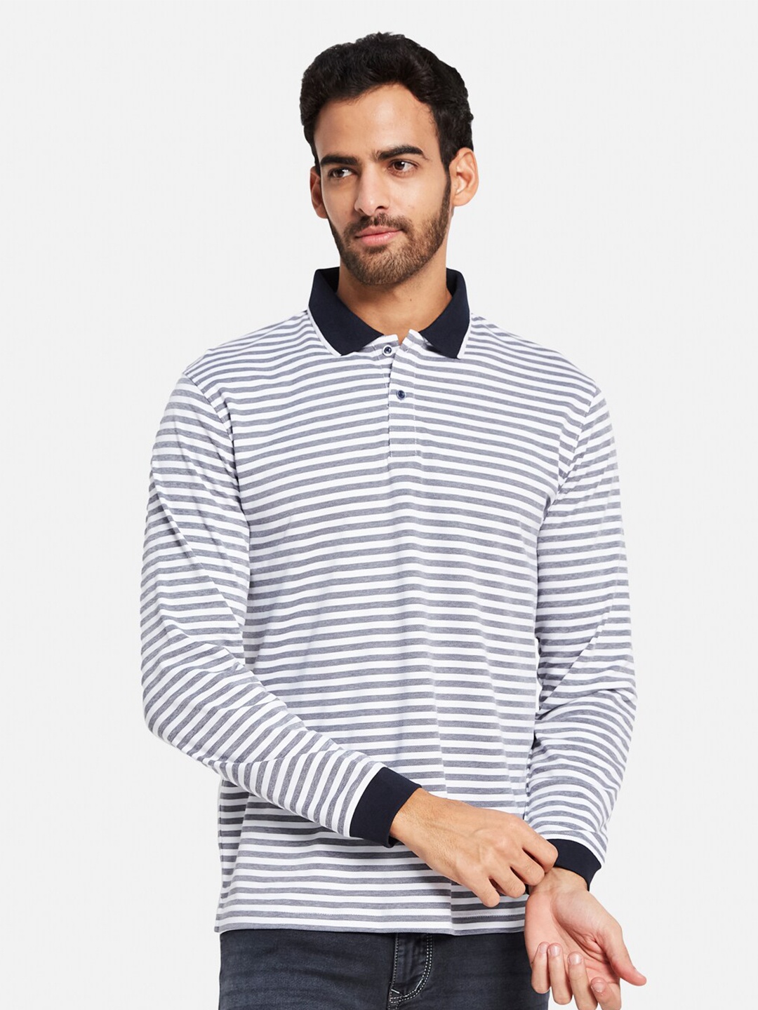 

METTLE Striped Polo Collar Cotton T-shirt, Navy blue