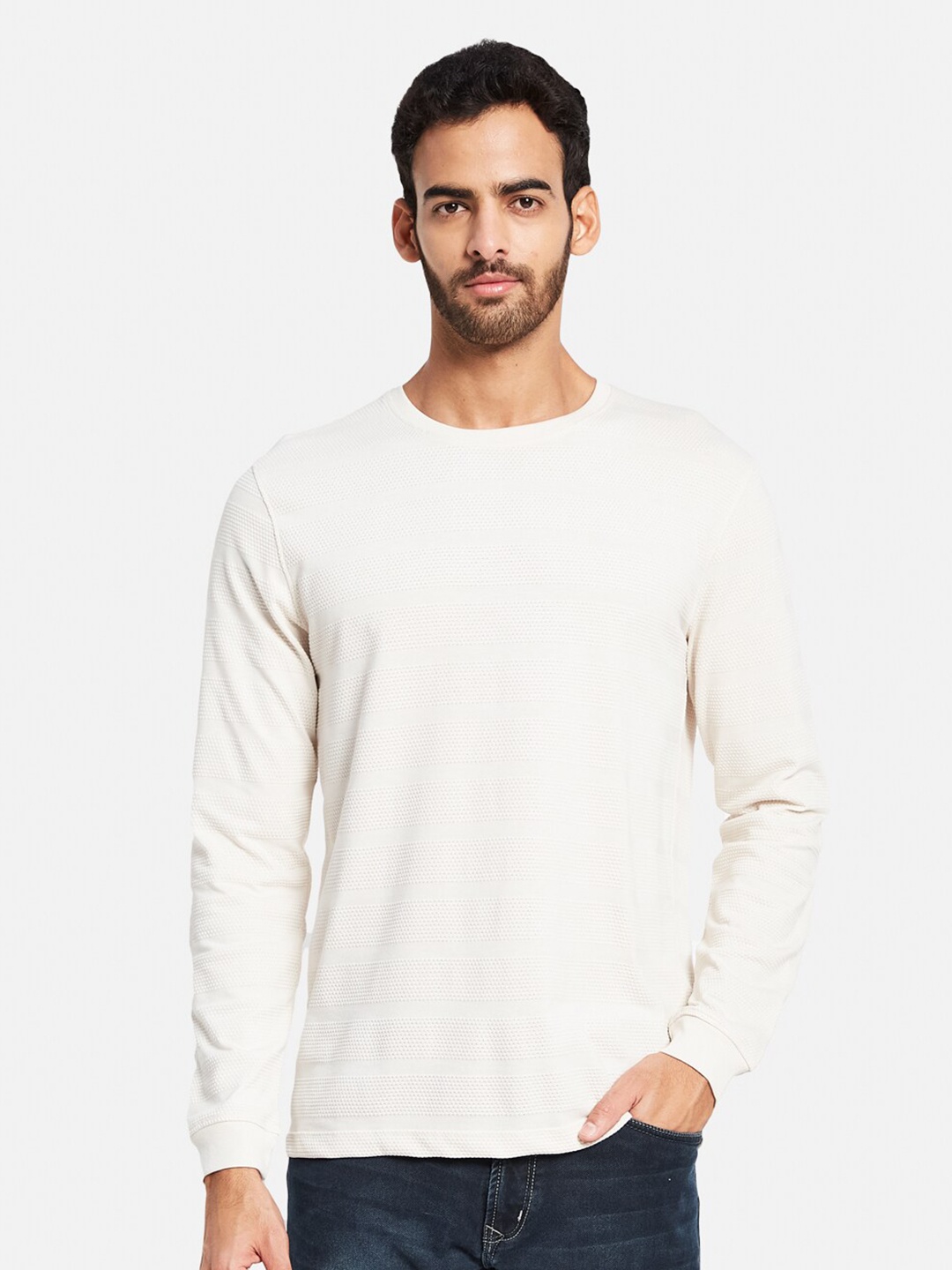 

METTLE Long Sleeves Cotton Casual T-shirt, Cream