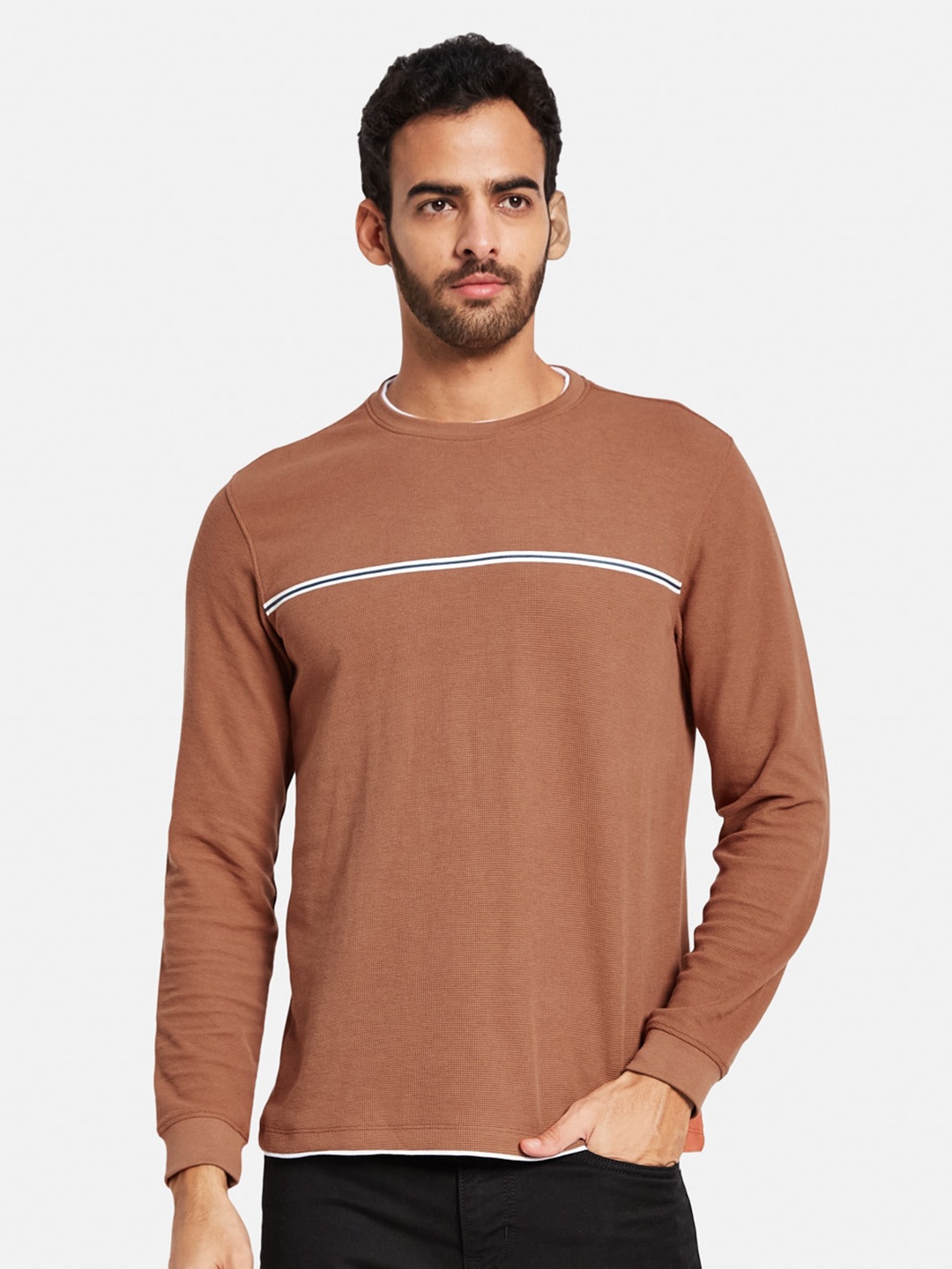 

METTLE Striped Cotton Casual T-shirt, Orange