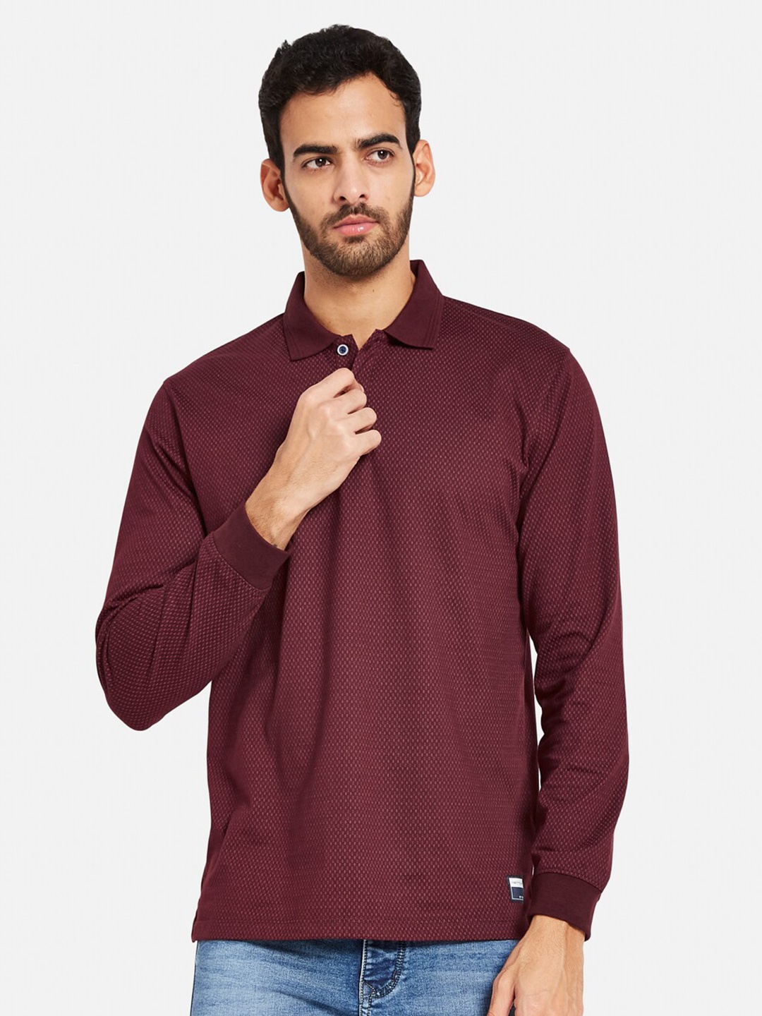 

METTLE Micro Ditsy Printed Polo Collar Cotton T-shirt, Maroon