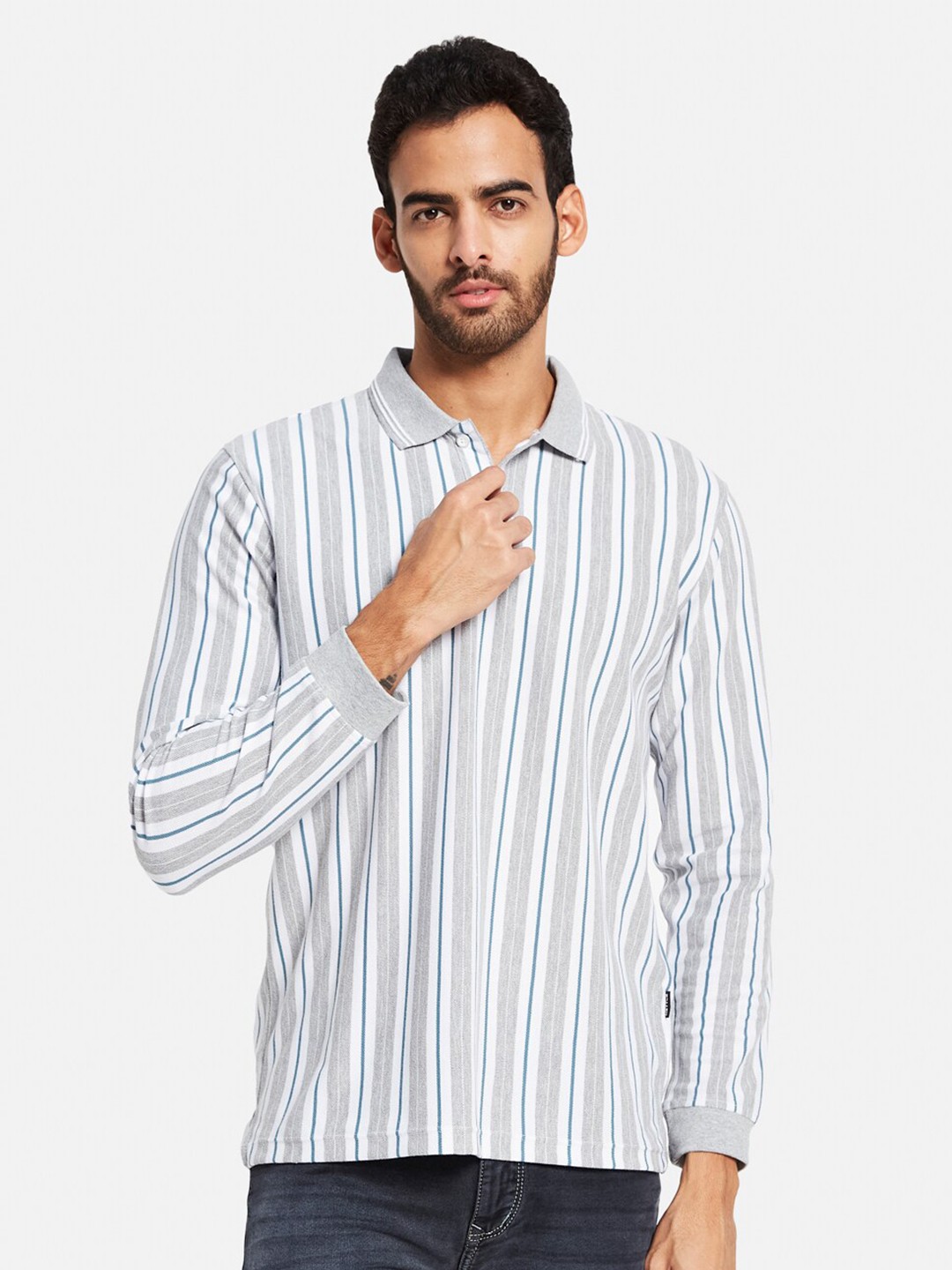 

METTLE Striped Polo Collar Cotton T-shirt, Grey