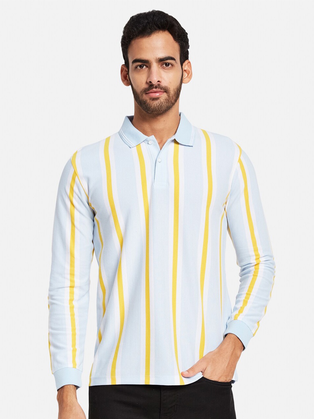 

METTLE Striped Polo Collar Cotton T-shirt, Blue