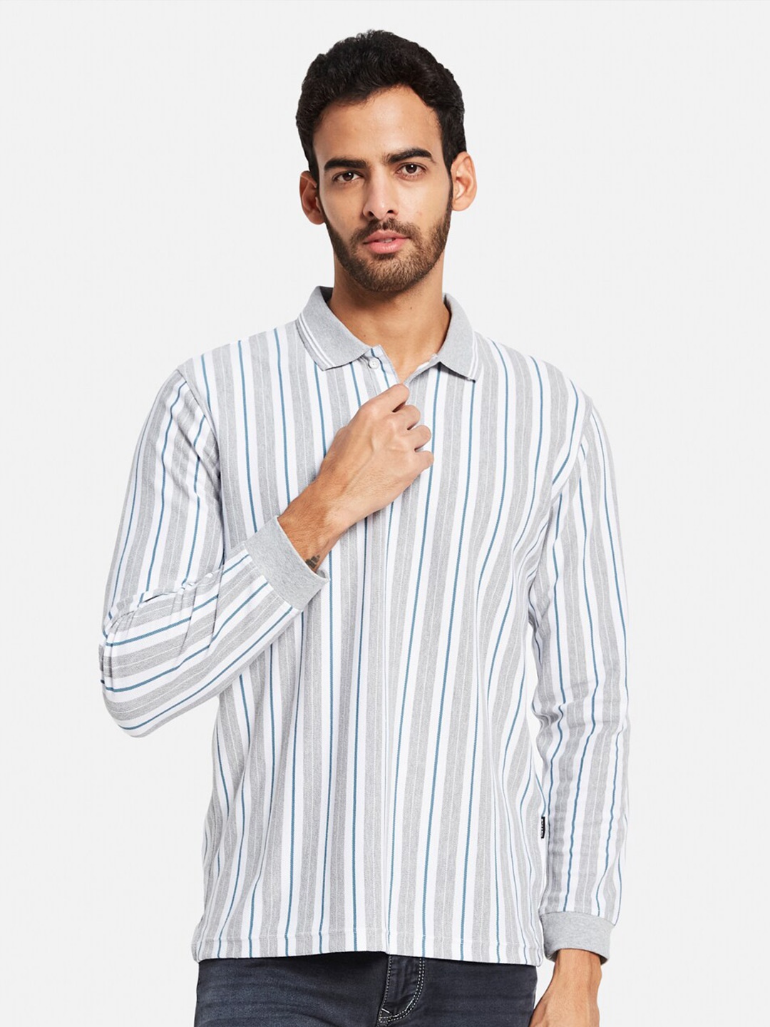 

METTLE Striped Polo Collar Cotton T-shirt, Grey