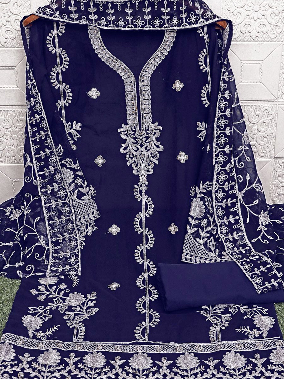 

VAIRAGEE Ethnic Motif Embroidered Unstitched Dress Material, Navy blue