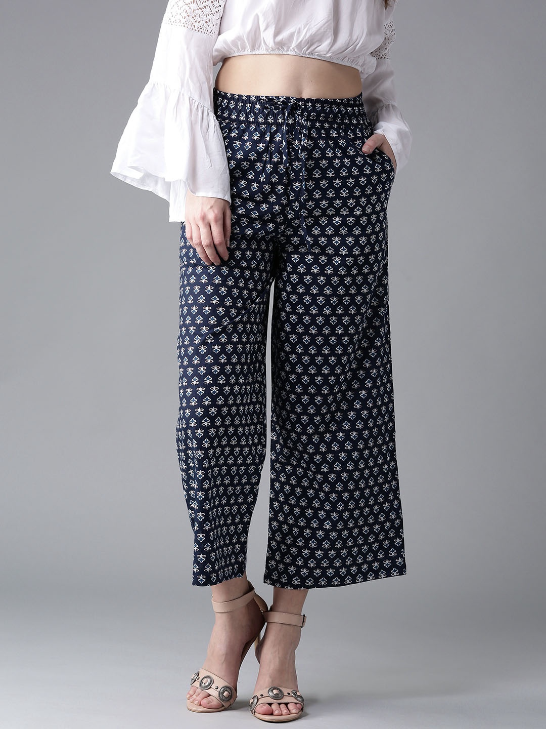 

HERE&NOW Women Navy Blue & White Printed Cropped Wide Leg Palazzos