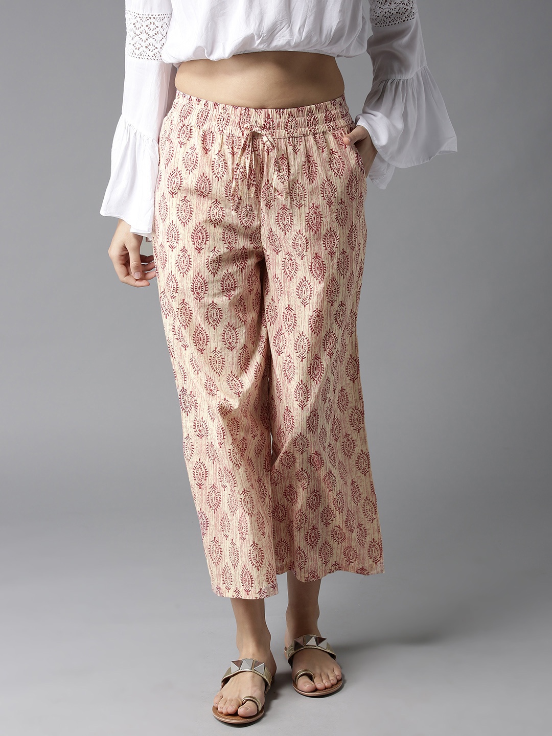 

HERE&NOW Women Off-White & Pink Printed Wide Leg Cropped Palazzos