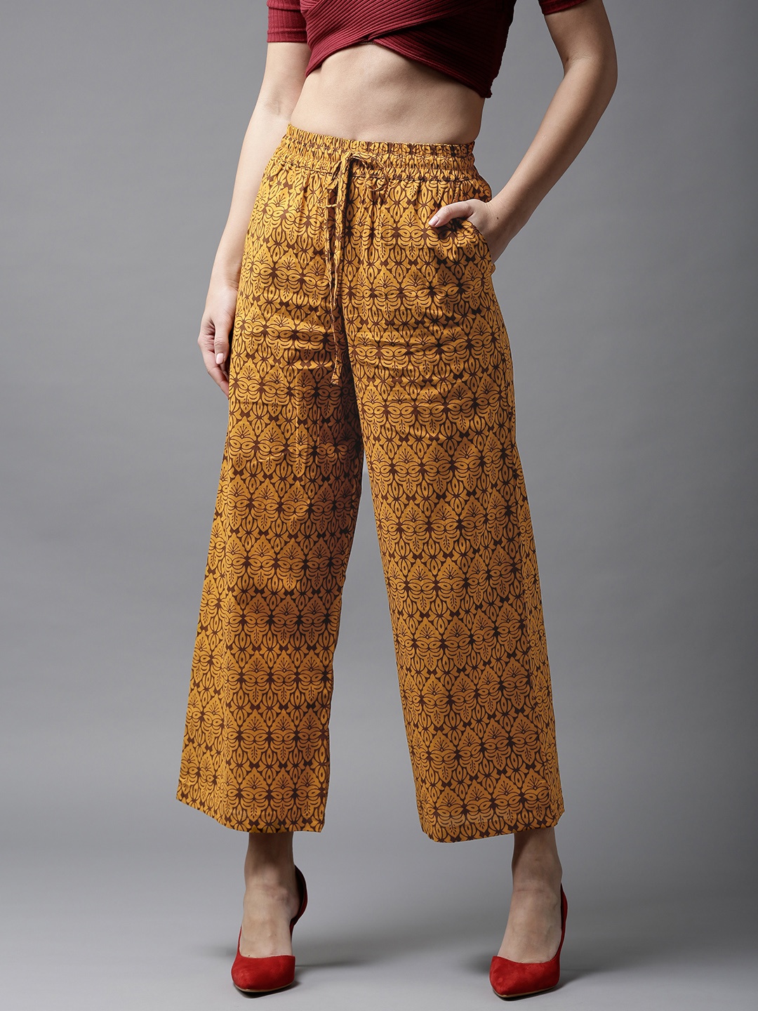 

HERE&NOW Women Mustard Yellow & Brown Printed Wide Leg Cropped Palazzos