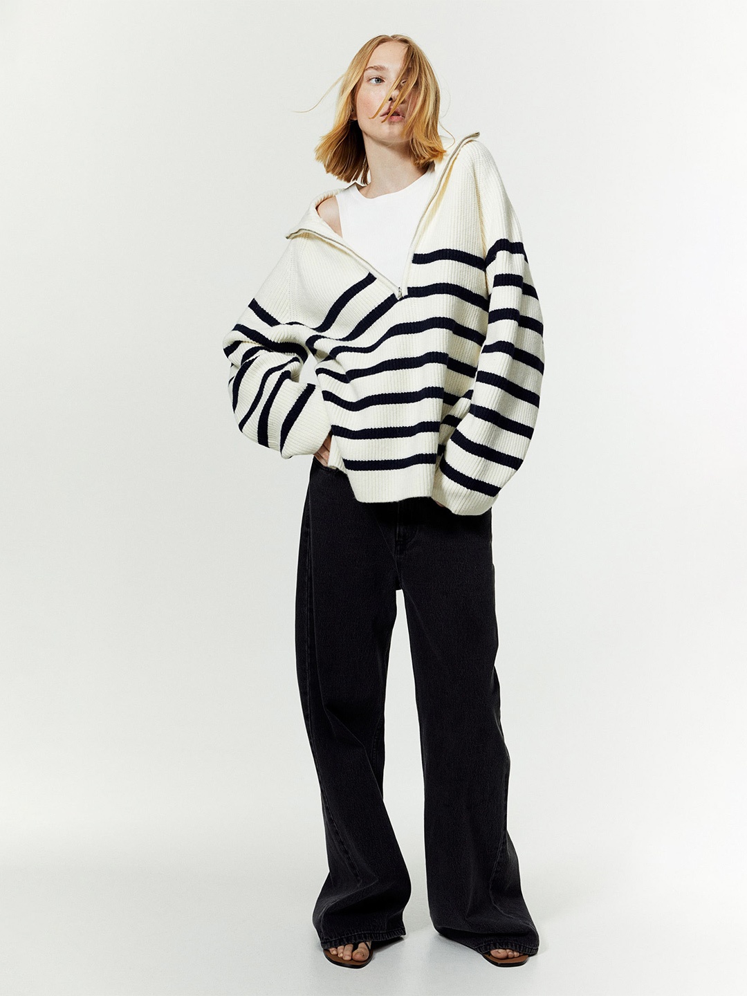 

H&M Zip Top Rib Knit Jumper, White