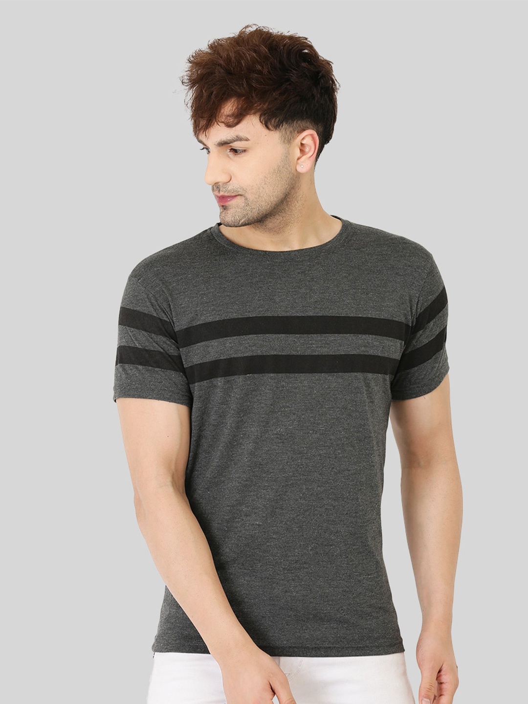 

Leotude Striped Round Neck Short Sleeve T-Shirt, Grey