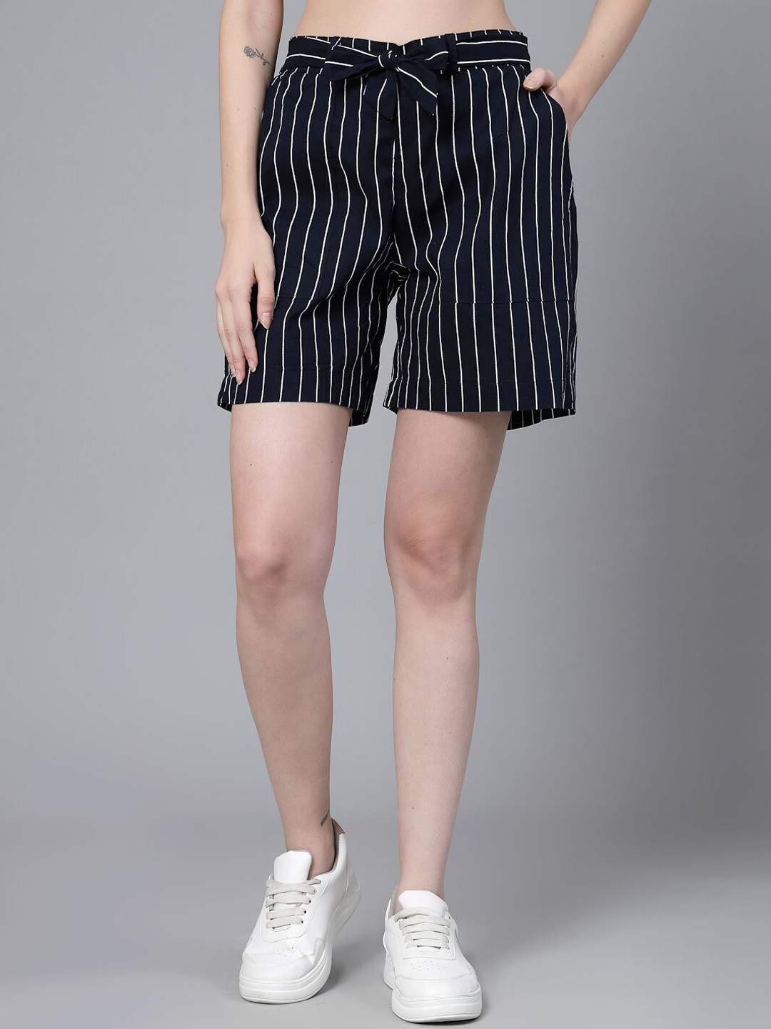 Ramas Women Vertical Striped Cotton Shorts, Navy blue
