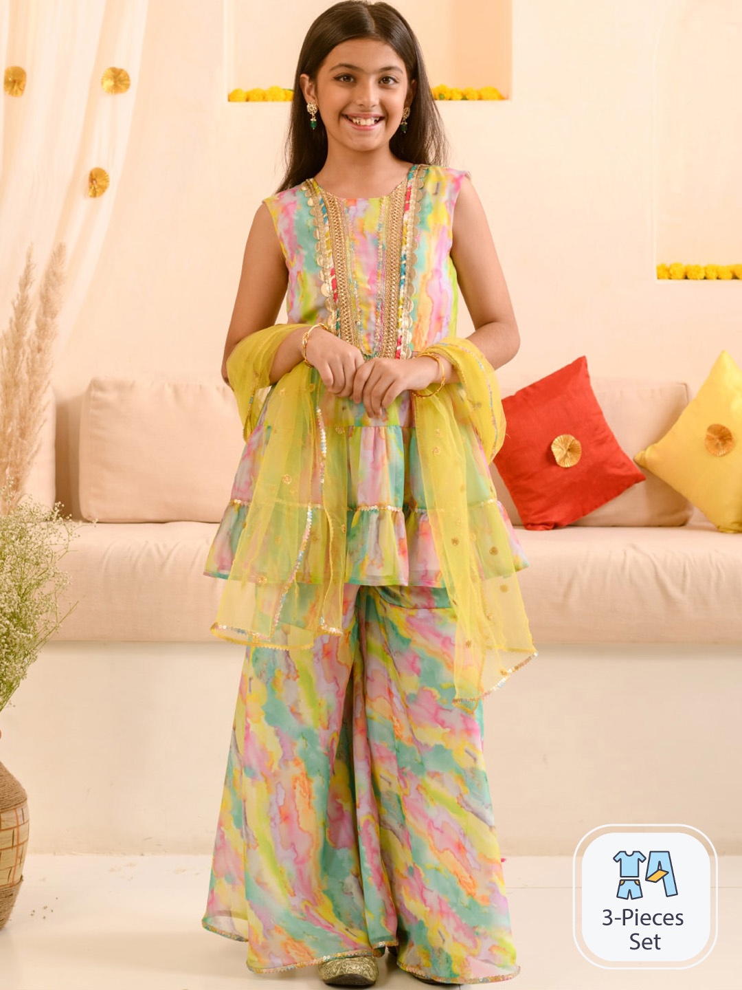 

pspeaches Girls Dyed Layered Georgette Kurta with Sharara & Dupatta, Yellow