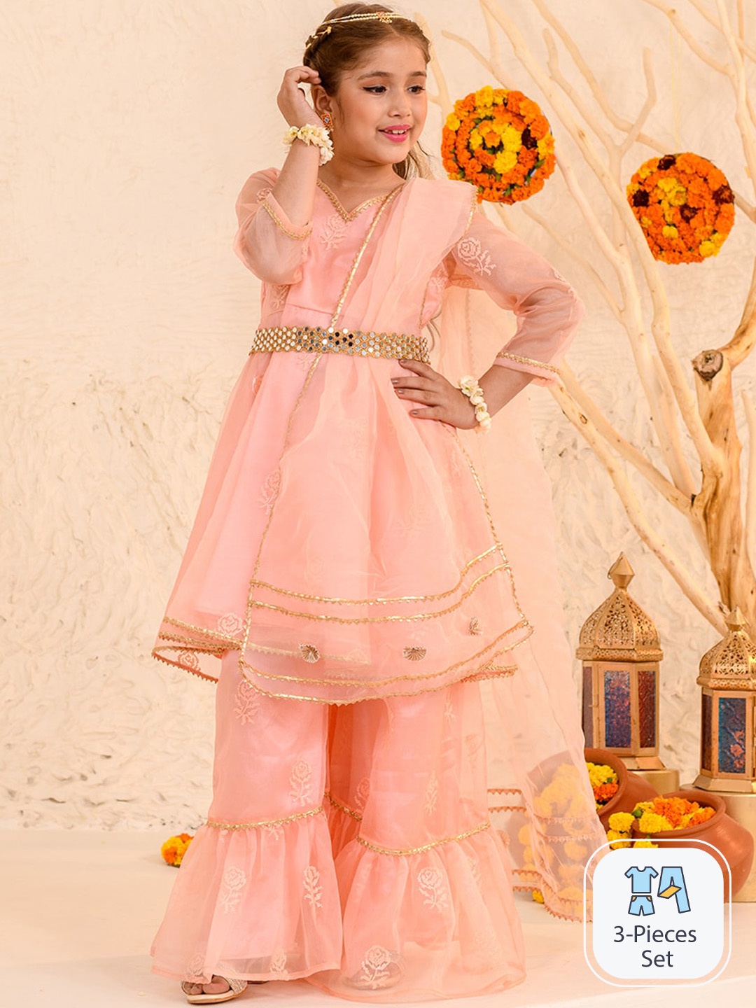 pspeaches Girls Floral Printed Regular Gotta Patti Kurta with Sharara & Dupatta, Peach